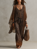 Bohemian Gradient Leopard Print Flowing Robe Three-piece Set