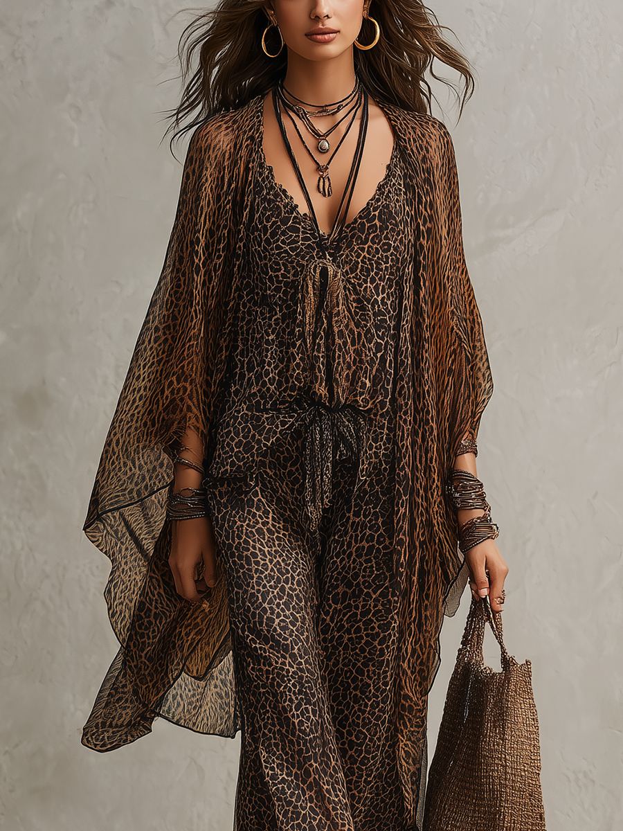 Bohemian Gradient Leopard Print Flowing Robe Three-piece Set