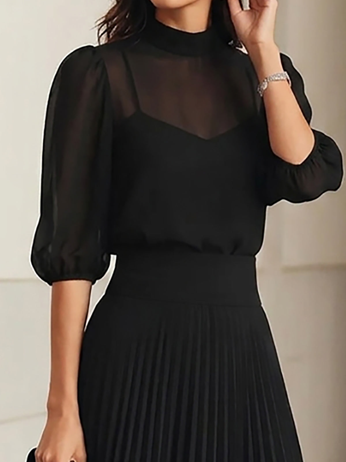 Black Chiffon Top And Pleated Midi Skirt Three Piece Set
