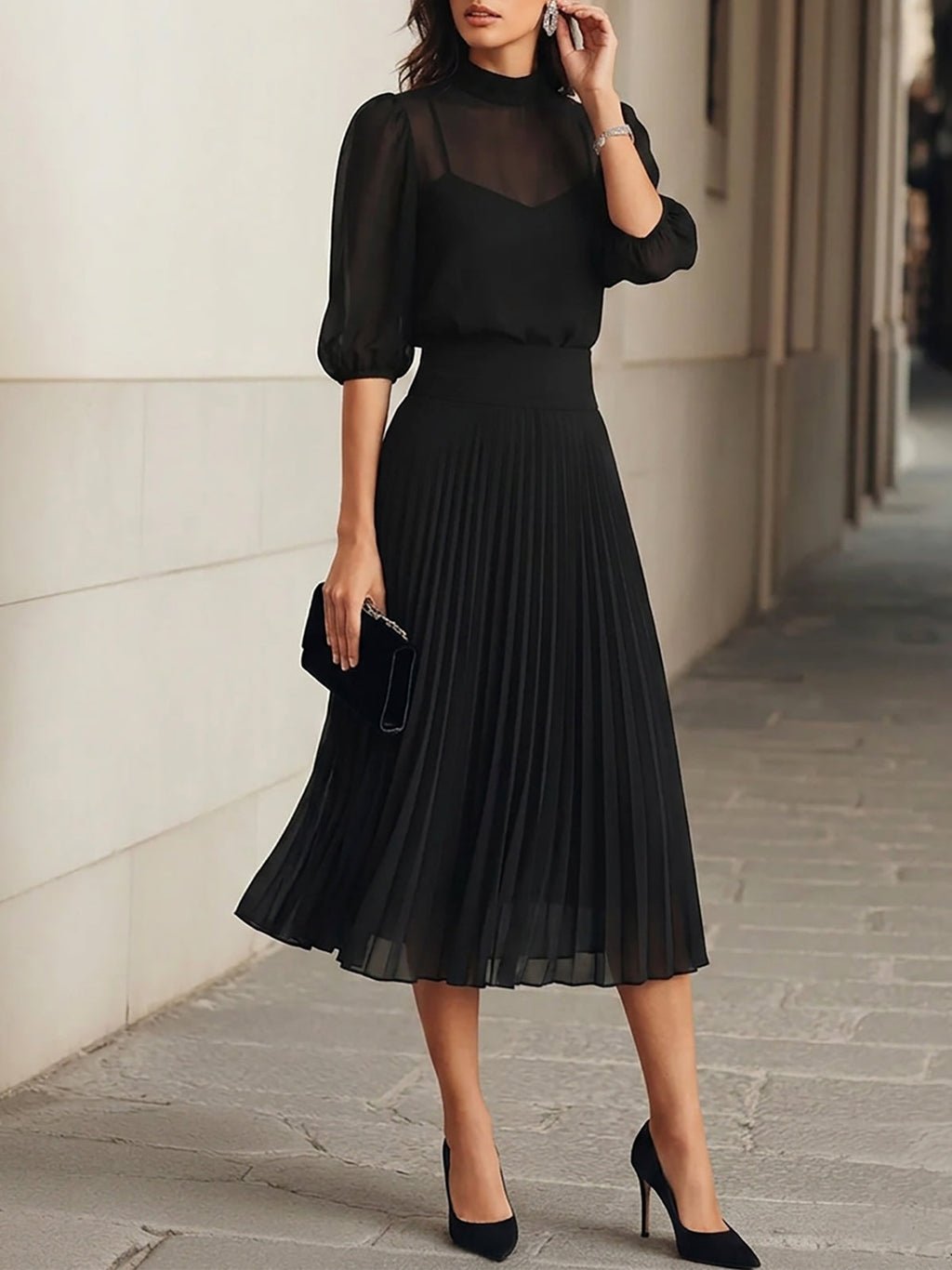 Black Chiffon Top And Pleated Midi Skirt Three Piece Set