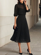 Black Chiffon Top And Pleated Midi Skirt Three Piece Set