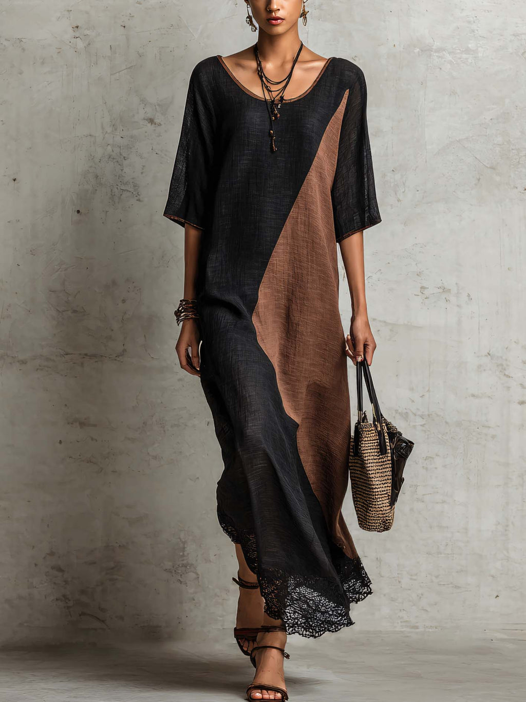 Black And Mocha Color Block Linen Blend Maxi Dress With Lace Trim Hem