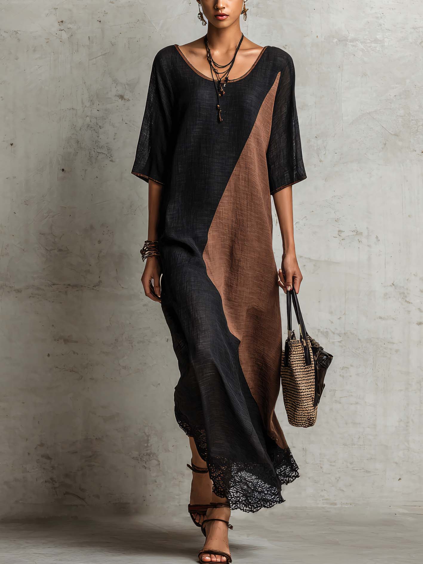 Black And Mocha Color Block Linen Blend Maxi Dress With Lace Trim Hem