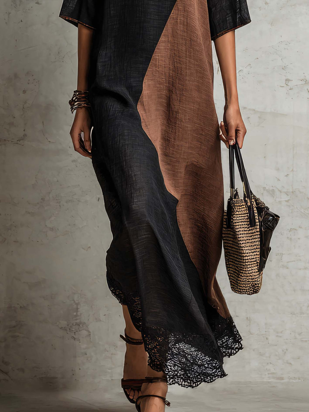 Black And Mocha Color Block Linen Blend Maxi Dress With Lace Trim Hem