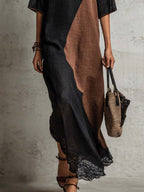 Black And Mocha Color Block Linen Blend Maxi Dress With Lace Trim Hem