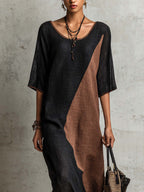 Black And Mocha Color Block Linen Blend Maxi Dress With Lace Trim Hem