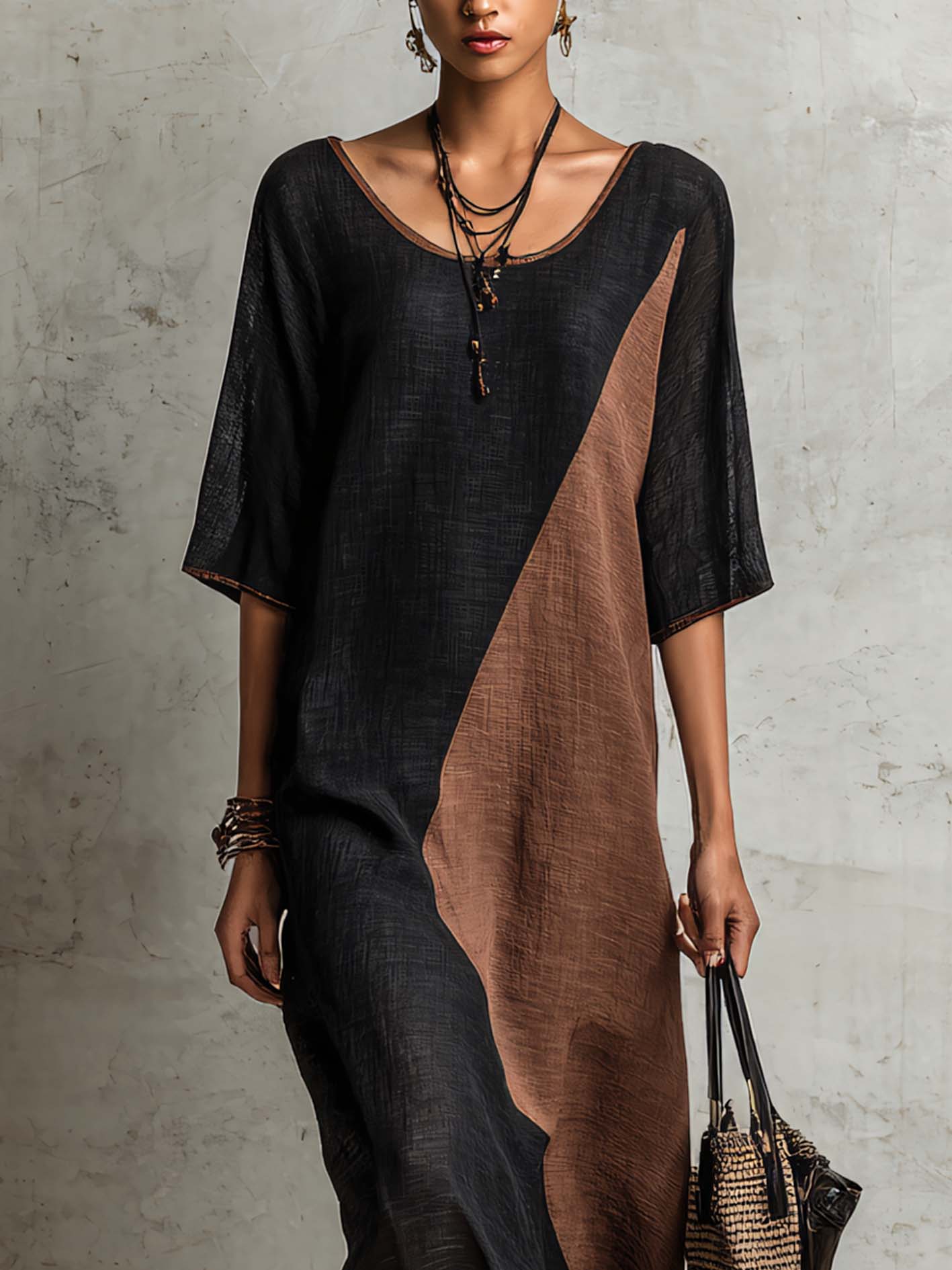 Black And Mocha Color Block Linen Blend Maxi Dress With Lace Trim Hem