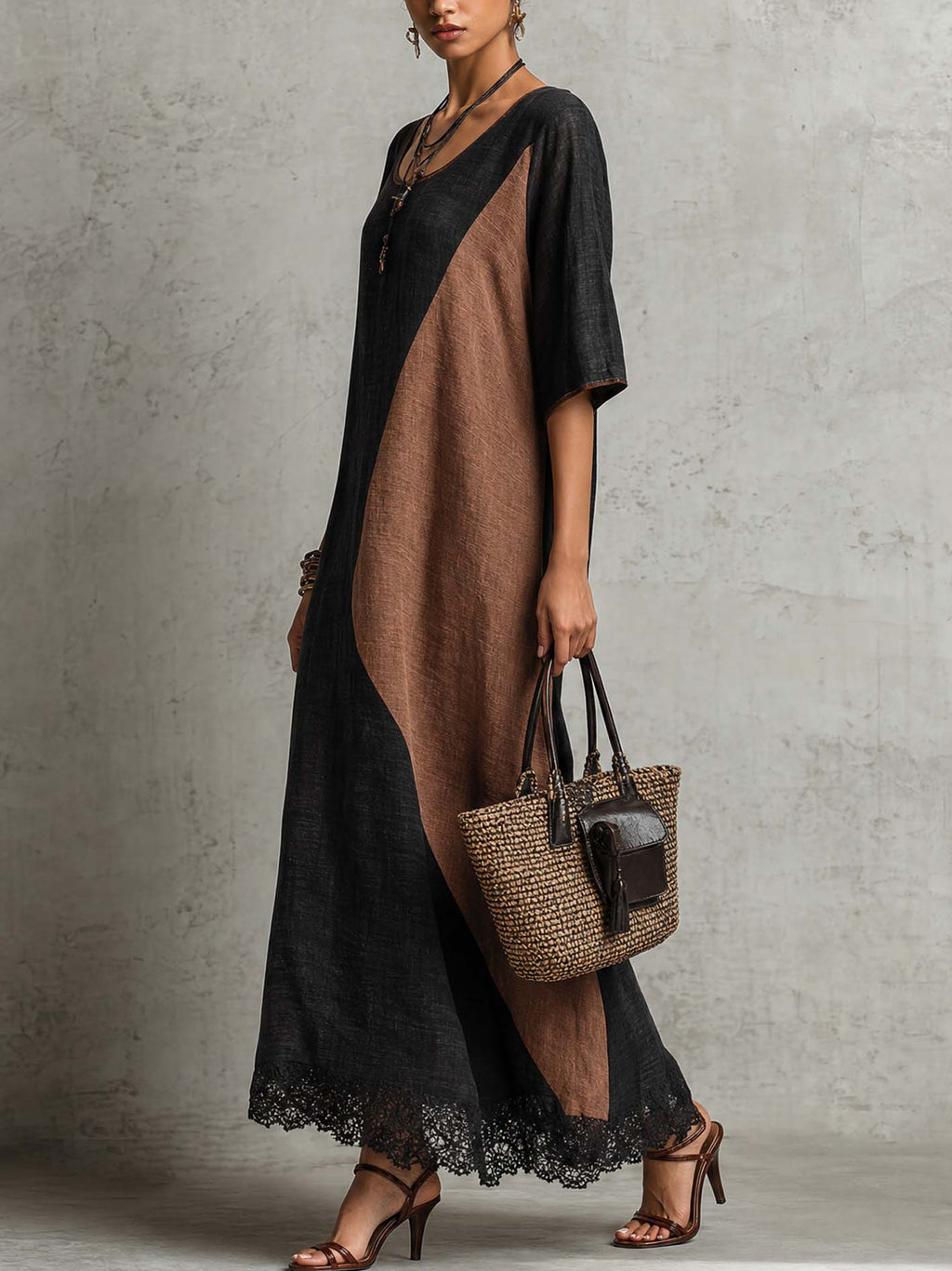 Black And Mocha Color Block Linen Blend Maxi Dress With Lace Trim Hem