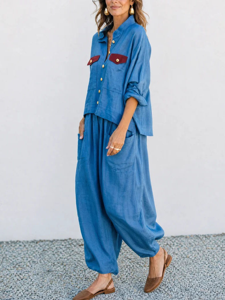Blue Linen Two Piece Set Contrast Burgundy Pocket Cropped Shirt Wide Leg Pants Matching Outfit