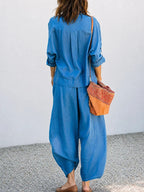 Blue Linen Two Piece Set Contrast Burgundy Pocket Cropped Shirt Wide Leg Pants Matching Outfit