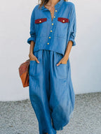 Blue Linen Two Piece Set Contrast Burgundy Pocket Cropped Shirt Wide Leg Pants Matching Outfit