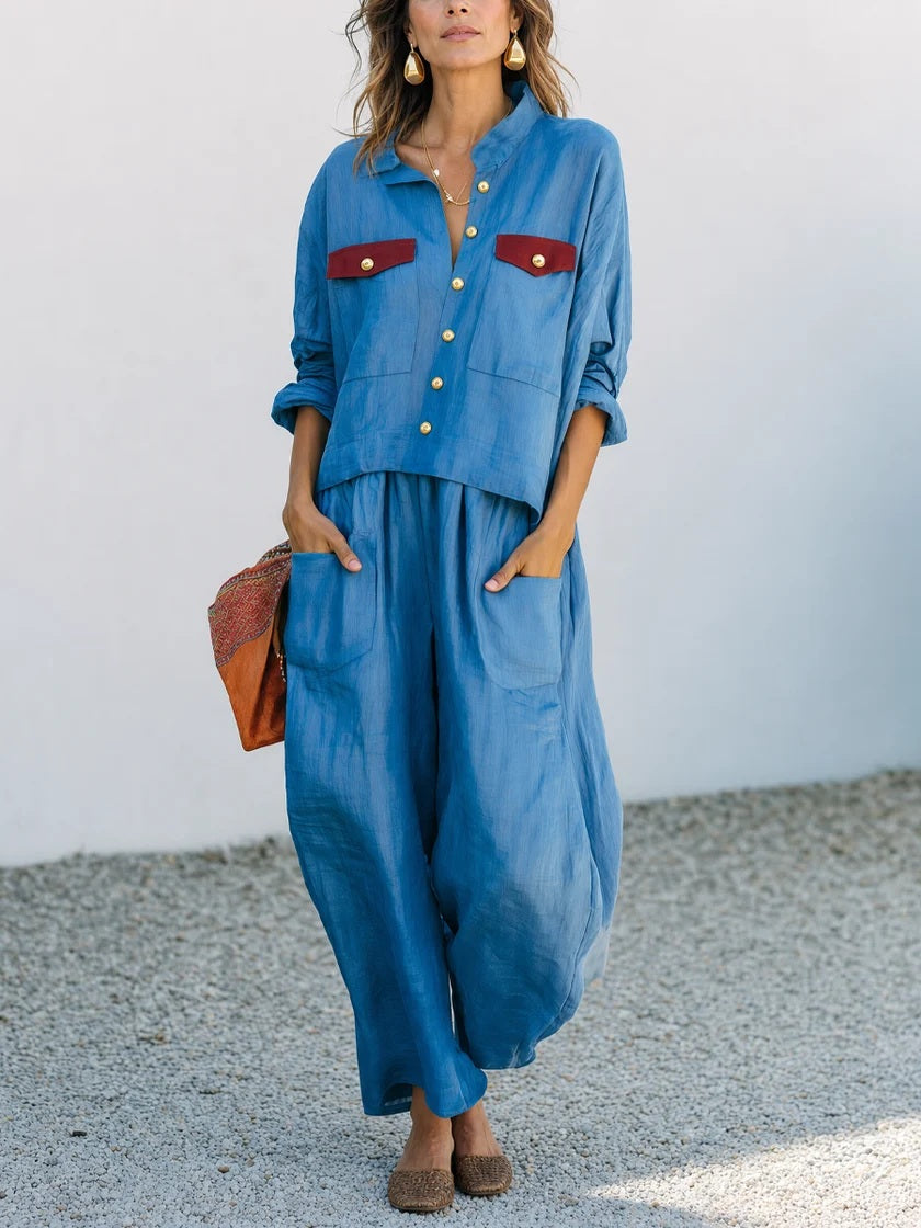 Blue Linen Two Piece Set Contrast Burgundy Pocket Cropped Shirt Wide Leg Pants Matching Outfit