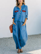 Blue Linen Two Piece Set Contrast Burgundy Pocket Cropped Shirt Wide Leg Pants Matching Outfit