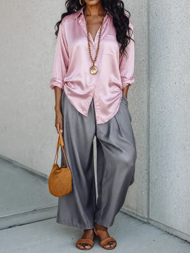 Pink Satin Oversized Shirt & Grey High Waist Wide Leg Pants Two Piece Matching Set