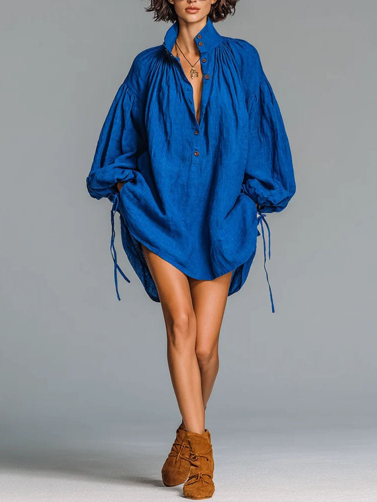 Navy Linen Oversized Shirt Dress High Neck Ruched Balloon Sleeve Tunic Mini Dress