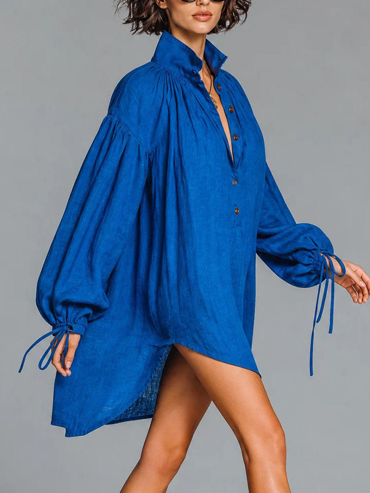 Navy Linen Oversized Shirt Dress High Neck Ruched Balloon Sleeve Tunic Mini Dress