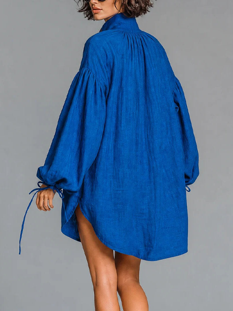 Navy Linen Oversized Shirt Dress High Neck Ruched Balloon Sleeve Tunic Mini Dress