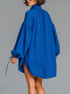 Navy Linen Oversized Shirt Dress High Neck Ruched Balloon Sleeve Tunic Mini Dress