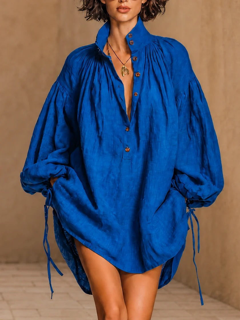 Navy Linen Oversized Shirt Dress High Neck Ruched Balloon Sleeve Tunic Mini Dress
