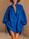 Navy Linen Oversized Shirt Dress High Neck Ruched Balloon Sleeve Tunic Mini Dress