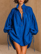 Navy Linen Oversized Shirt Dress High Neck Ruched Balloon Sleeve Tunic Mini Dress