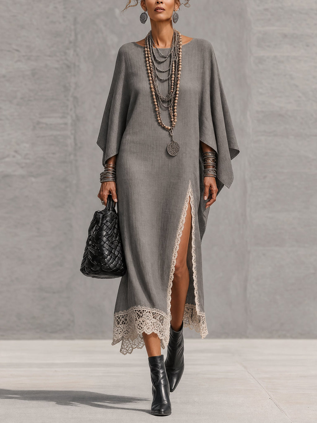 Gray Linen Blend Asymmetrical Sleeve Lace Trim Maxi Dress