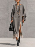 Gray Linen Blend Asymmetrical Sleeve Lace Trim Maxi Dress