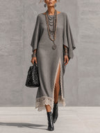 Gray Linen Blend Asymmetrical Sleeve Lace Trim Maxi Dress
