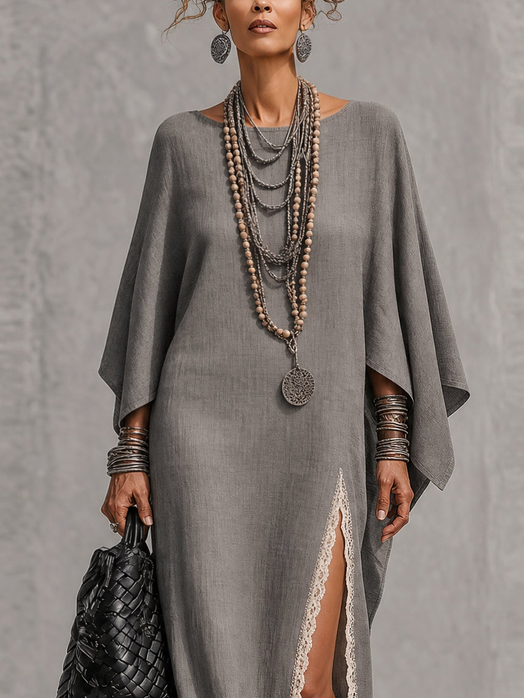 Gray Linen Blend Asymmetrical Sleeve Lace Trim Maxi Dress