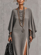 Gray Linen Blend Asymmetrical Sleeve Lace Trim Maxi Dress