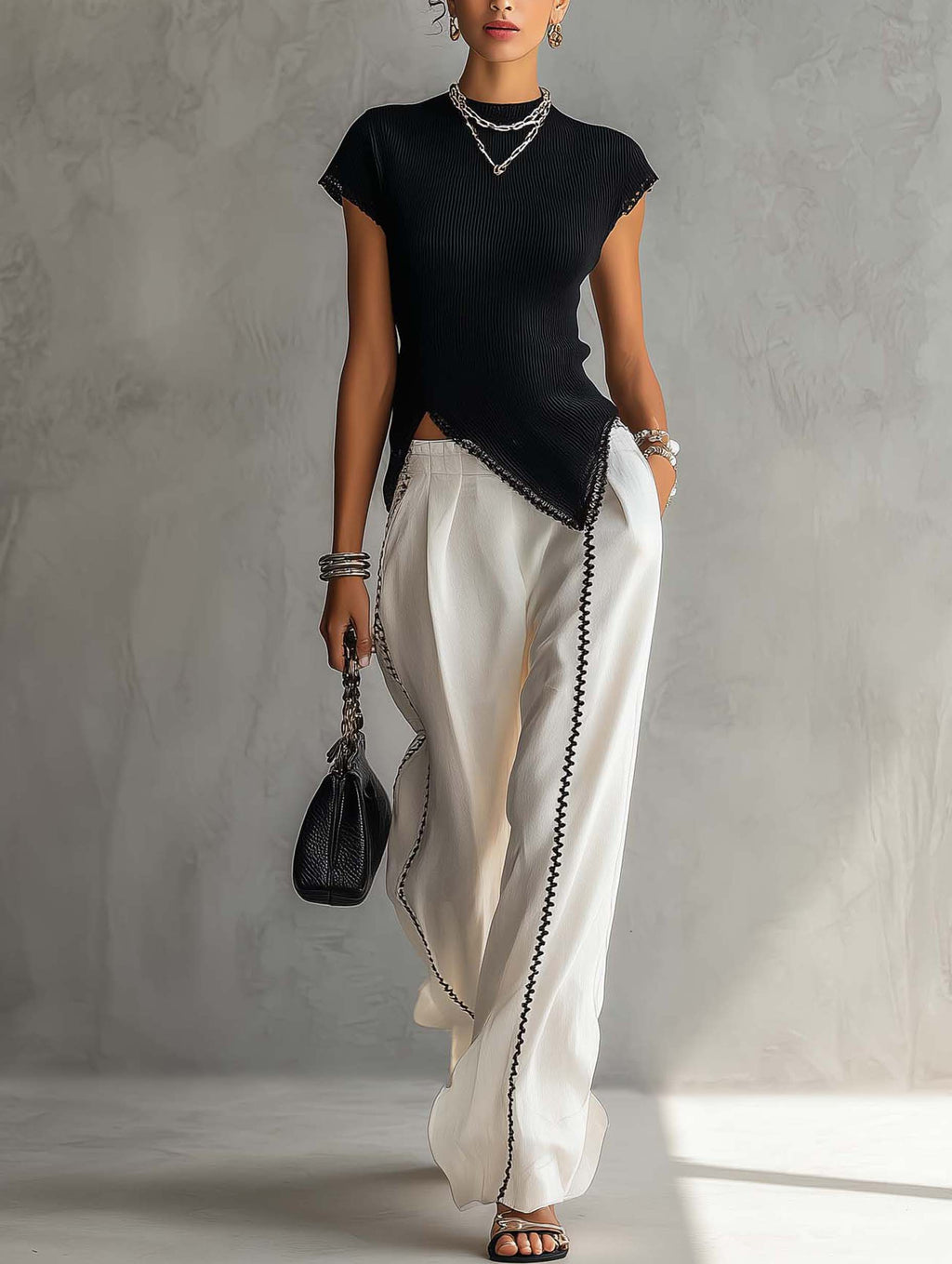 Black Ribbed Knit Top And White Wide Leg Pants Set With Contrast Trim