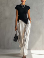 Black Ribbed Knit Top And White Wide Leg Pants Set With Contrast Trim