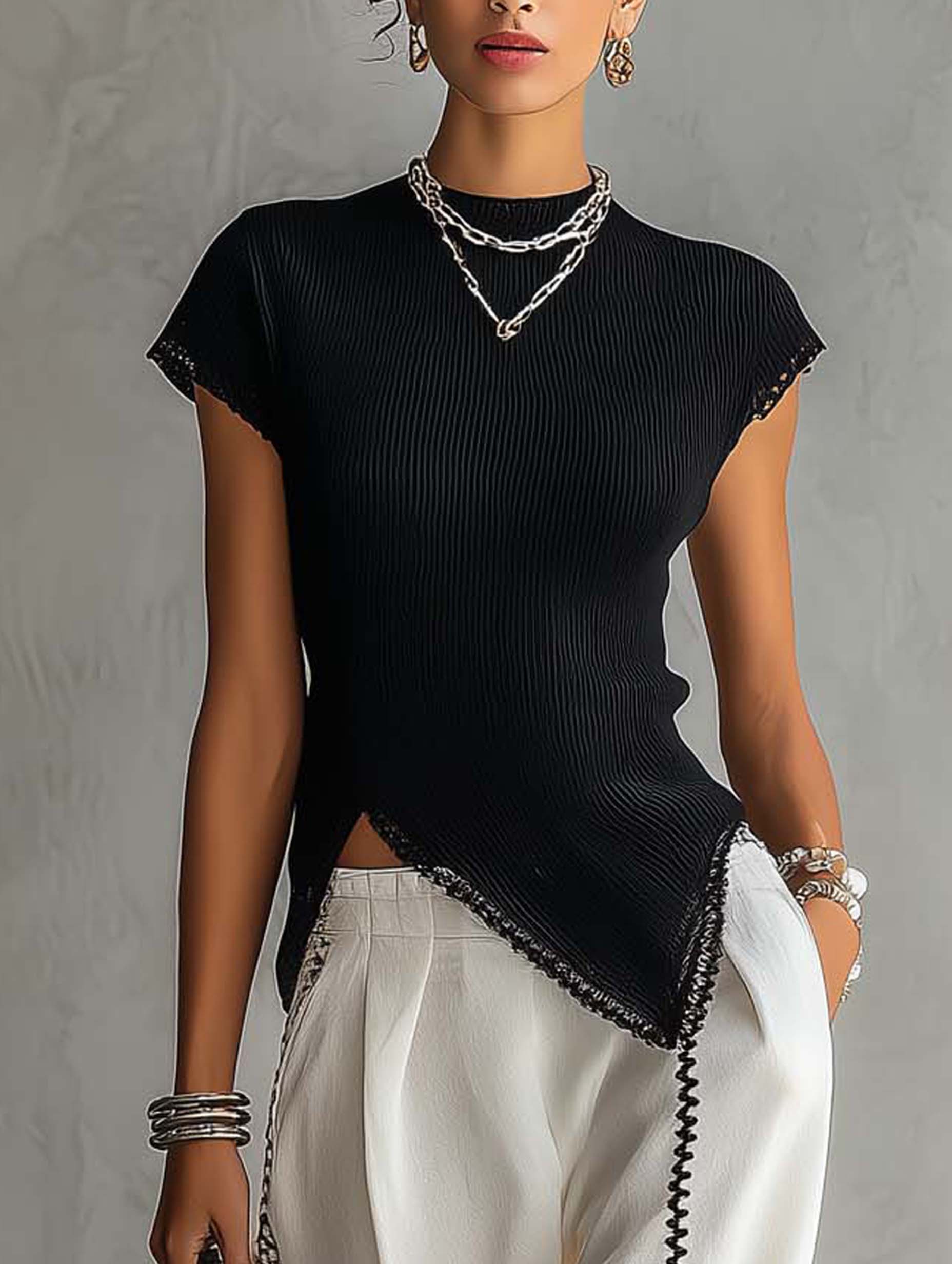 Black Ribbed Knit Top And White Wide Leg Pants Set With Contrast Trim