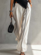 Black Ribbed Knit Top And White Wide Leg Pants Set With Contrast Trim