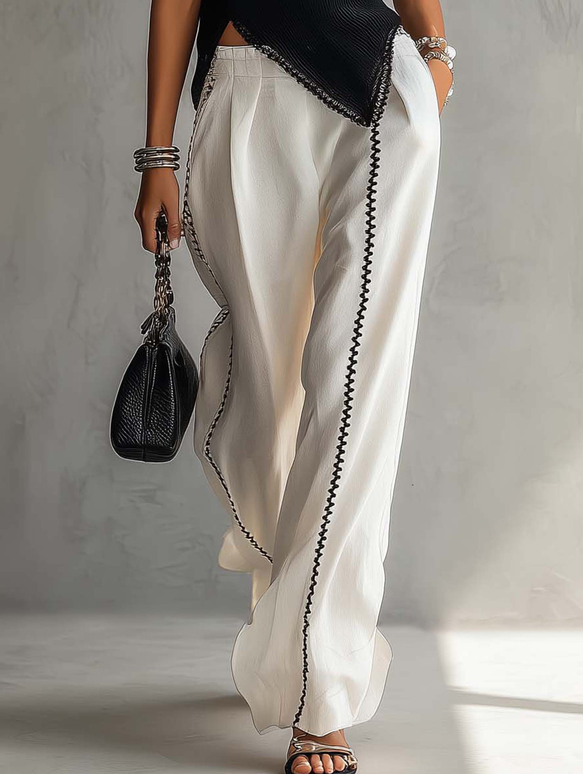 Black Ribbed Knit Top And White Wide Leg Pants Set With Contrast Trim