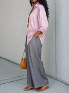 Pink Satin Oversized Shirt & Grey High Waist Wide Leg Pants Two Piece Matching Set