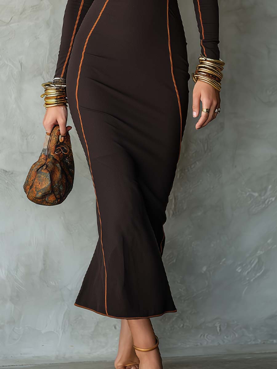 Dark Brown Lace Trim Orange Seam Mermaid Dress