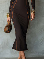 Dark Brown Lace Trim Orange Seam Mermaid Dress