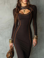 Dark Brown Lace Trim Orange Seam Mermaid Dress