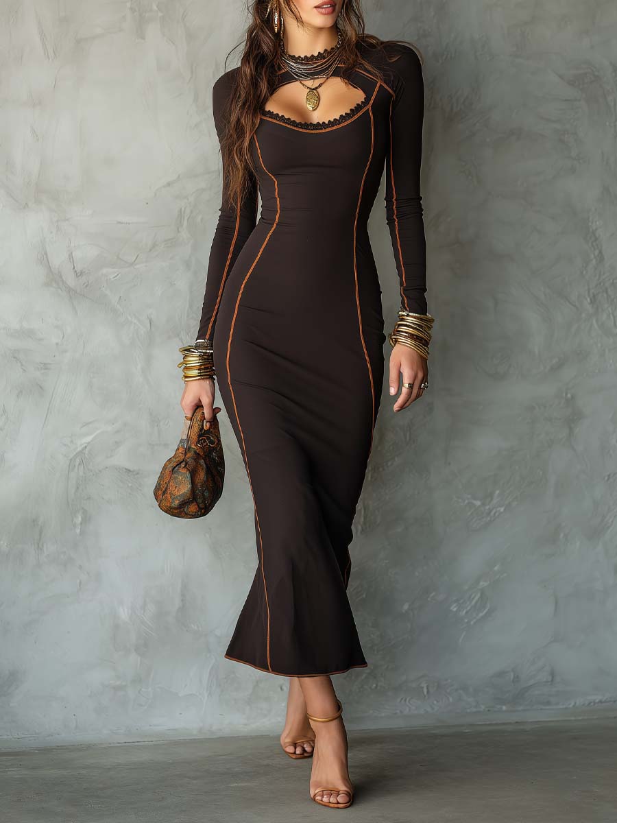 Dark Brown Lace Trim Orange Seam Mermaid Dress