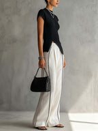 Black Ribbed Knit Top And White Wide Leg Pants Set With Contrast Trim