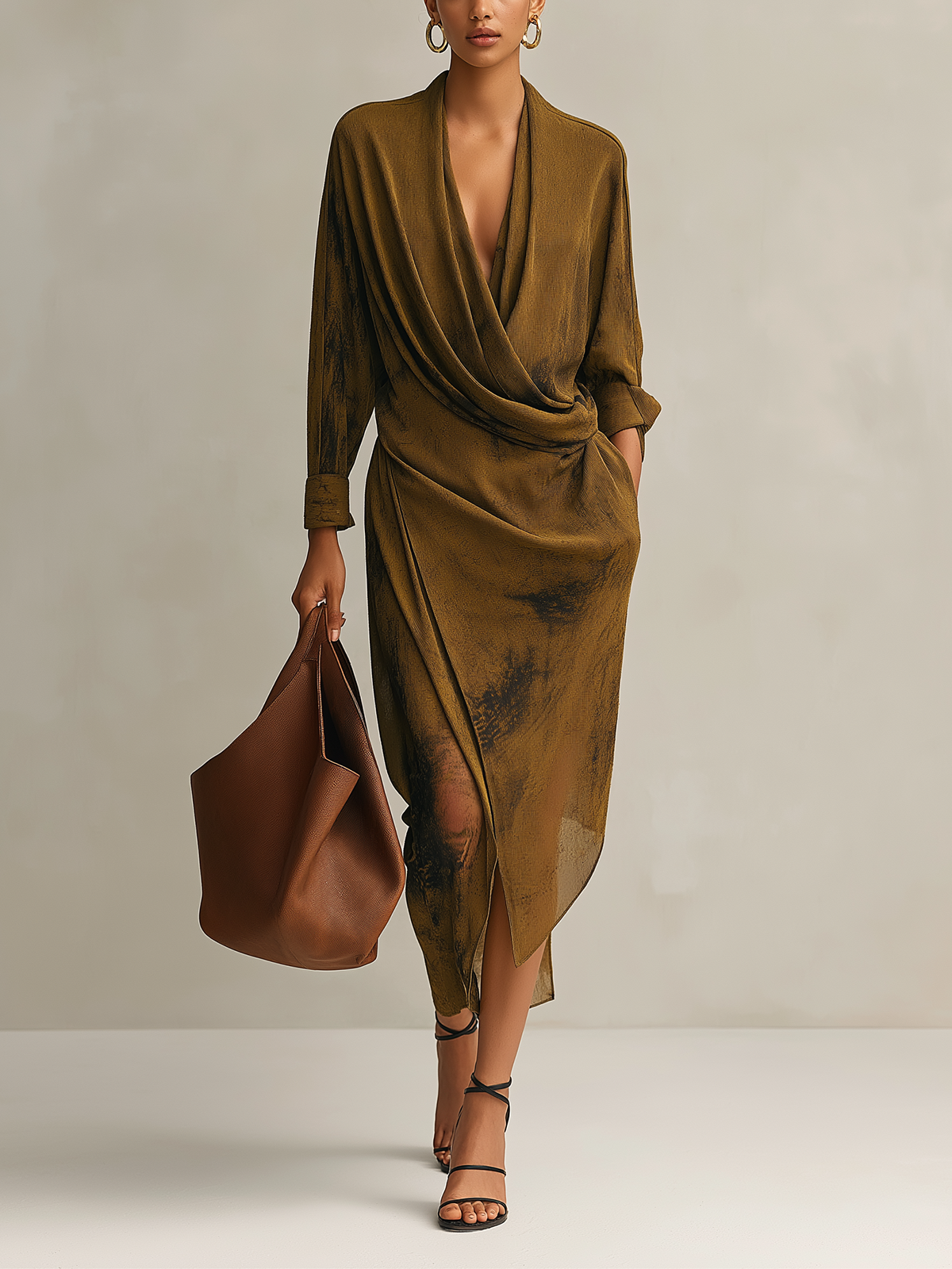 Olive Brown Deep V-neck Draped Surplice Slit Midi Dress