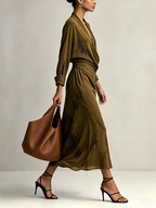 Olive Brown Deep V-neck Draped Surplice Slit Midi Dress