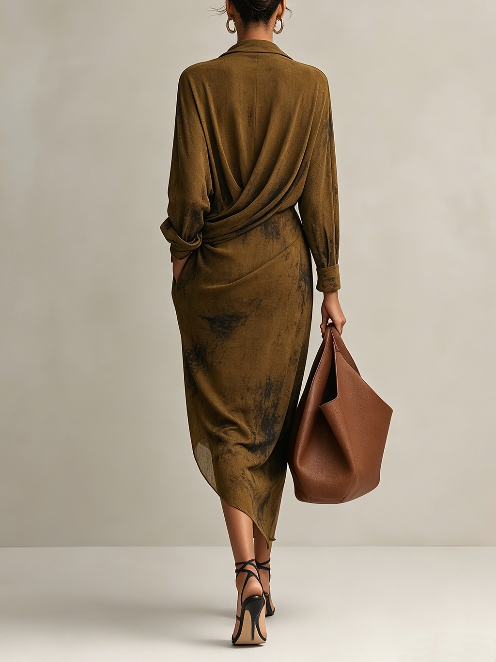 Olive Brown Deep V-neck Draped Surplice Slit Midi Dress