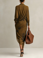Olive Brown Deep V-neck Draped Surplice Slit Midi Dress