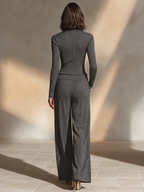 Dark Gray Ribbed Knit Collar Zip Slim Top & Pocket Wide Leg Pants Two Piece Outfit