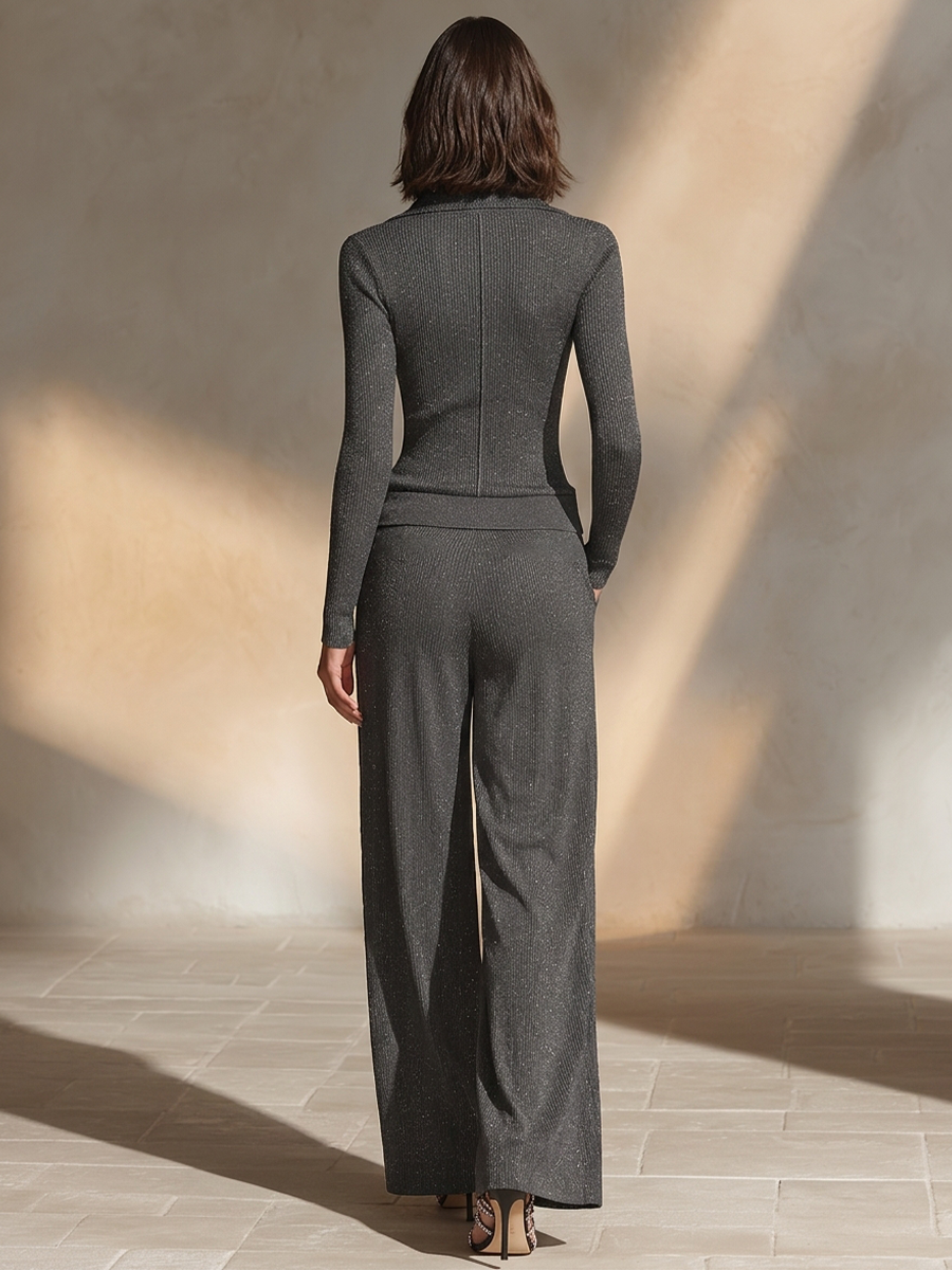 Dark Gray Ribbed Knit Collar Zip Slim Top & Pocket Wide Leg Pants Two Piece Outfit