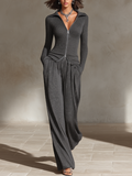 Dark Gray Ribbed Knit Collar Zip Slim Top & Pocket Wide Leg Pants Two Piece Outfit