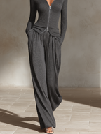 Dark Gray Ribbed Knit Collar Zip Slim Top & Pocket Wide Leg Pants Two Piece Outfit