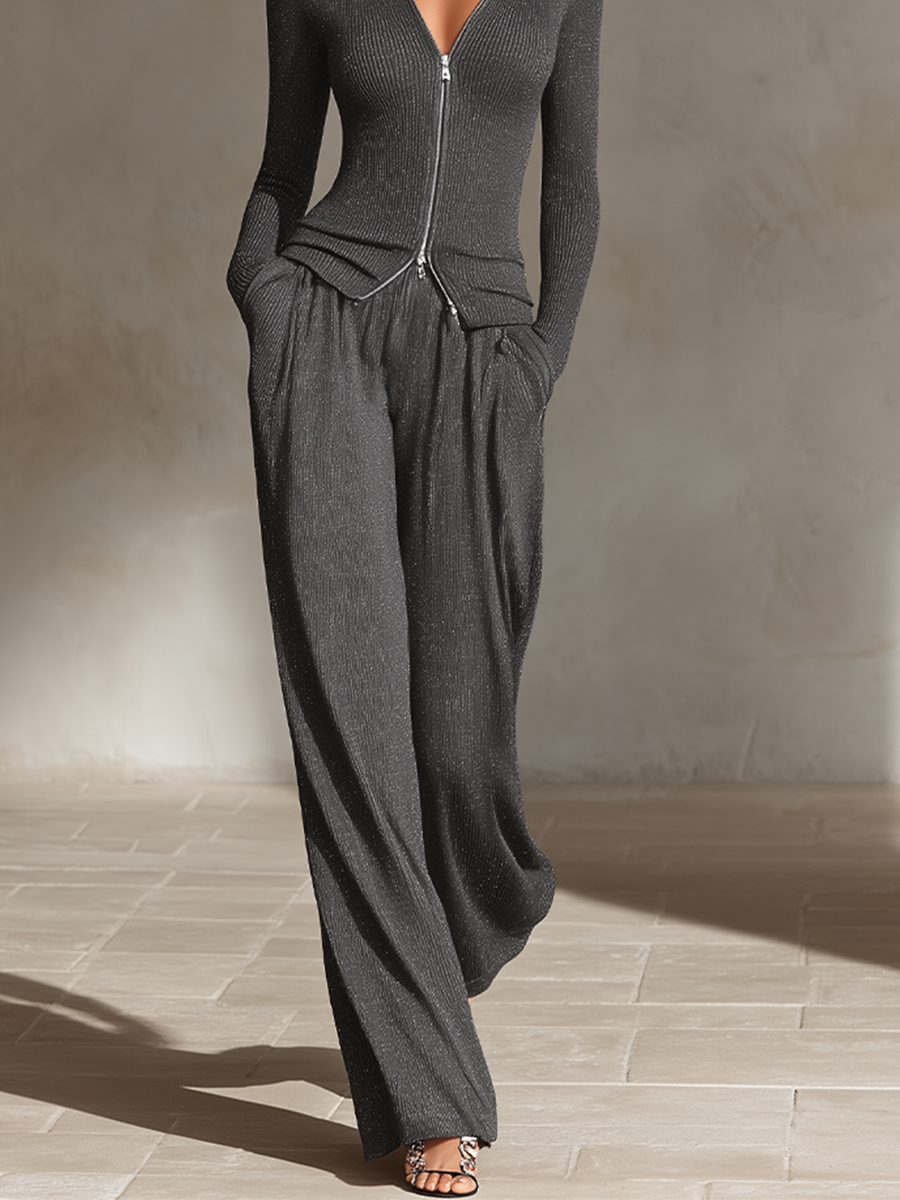 Dark Gray Ribbed Knit Collar Zip Slim Top & Pocket Wide Leg Pants Two Piece Outfit